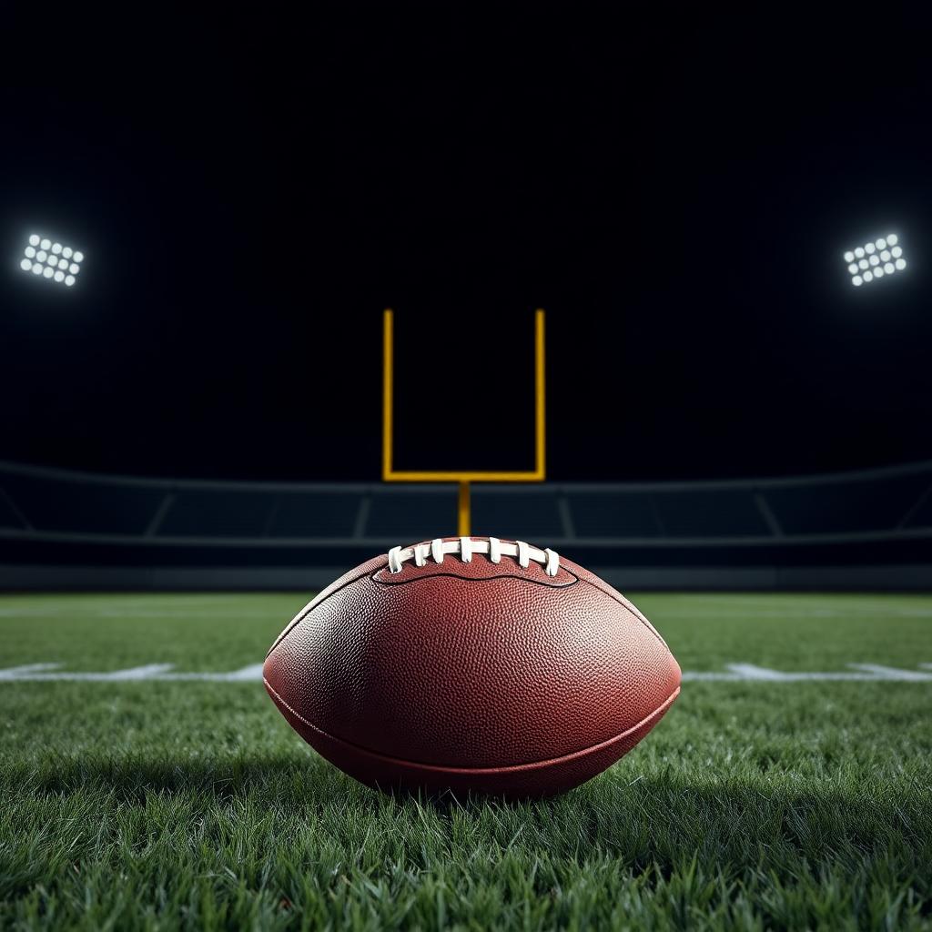 Football on turf in front of lit goal posts