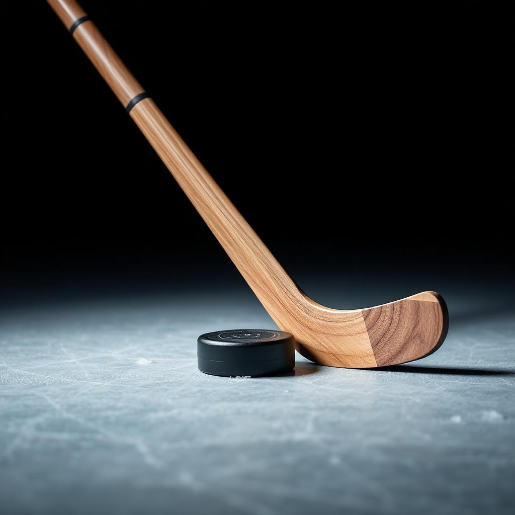 Hockey stick and puck resting on fresh ice