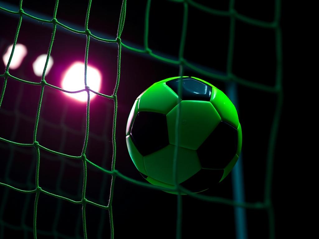 Soccer ball against a goal net under neon lights